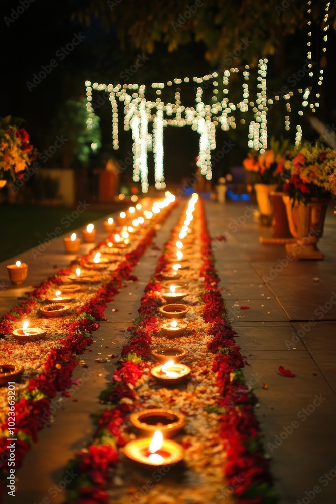 Poster a long line of candles are lit up on a path. the candles are arranged in a row and are lit up in a w