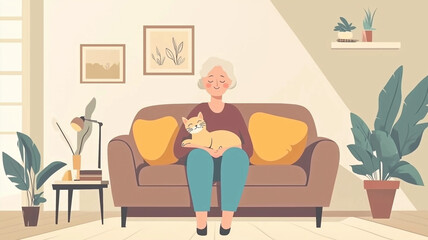 elderly woman sitting in sofa in living room, cat is sleeping on her lap, flat design, colorful, simple, and minimalistic, in a cartoon style. Senior woman in good health having a cat pet for company.