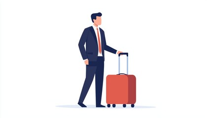A businessman with a suitcase, travel for work, flat design, clean lines, isolated on white background