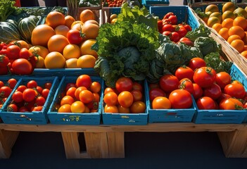 vibrant outdoor market display featuring fresh organic produce abundant colors textures under clear blue sky, artisanal, appealing, baskets, boutique