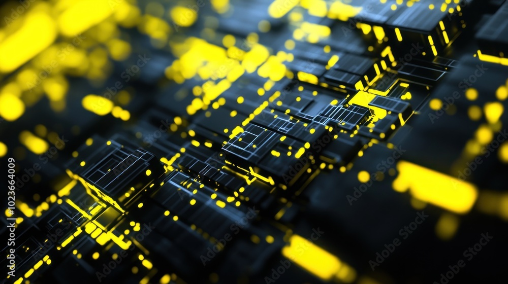 Poster abstract digital landscape with glowing yellow elements and intricate black structures.