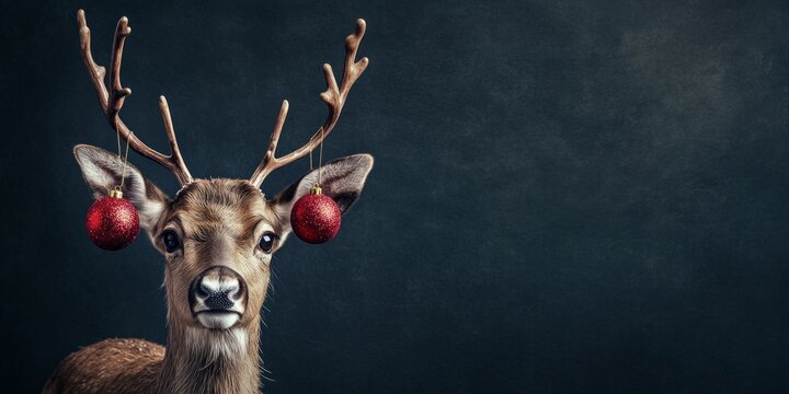 A charming deer with festive ornaments hanging from its ears. This whimsical image captures a playful style perfect for holiday themes. Ideal for cheerful designs and festive decorations. AI