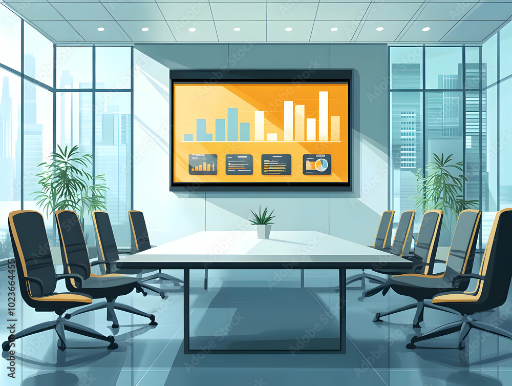 Poster flat illustration of an empty modern conference room with a large projection screen showing financia
