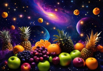Fototapeta premium vibrant space scene colorful fruits floating amongst stars galaxies, rainbow, lgbtq, lgbt, pride, love, equality, tropical, nature, cosmos, universe, planet
