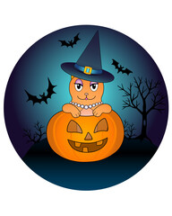 A cat in a witch costume celebrates Halloween - vector full color illustration. Round pattern with ginger cat, pumpkin and bats on Halloween night background	