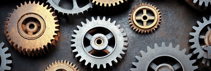 Close-up View, Multiple Vintage Metal. Gears and Cogs Interlock on a Textured Metallic Background