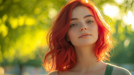 Young woman with vibrant red hair and freckles in sunny park setting