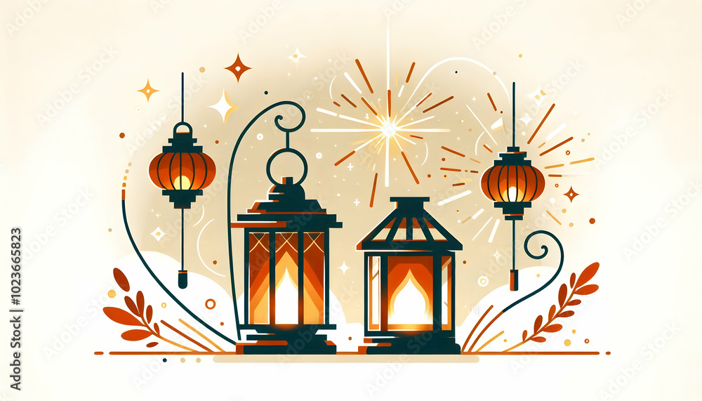 Poster flat lantern and sparkler border frame for festive greetings - minimalist vector design with copy sp