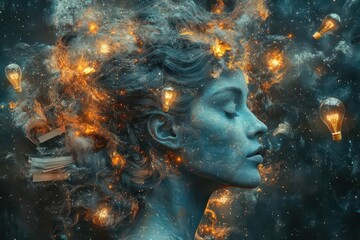 surreal collage of a human head filled with swirling galaxies floating books and interconnected light bulbs symbolizing the vastness of knowledge and imagination