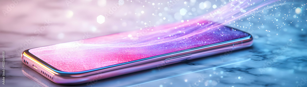 Poster glossy smartphone emitting holographic data streams on marble surface with bokeh background - innova