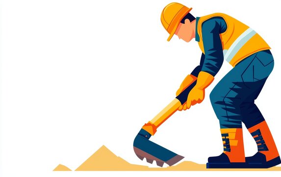 construction worker digging with shovel, orange and yellow clip art preview