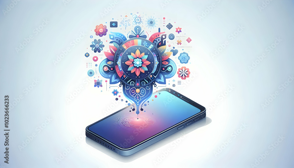 Poster flat smartphone with holographic rangoli elements floating above it in a brightly lit white backgrou
