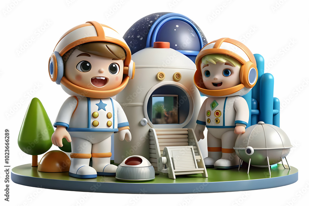 Poster capture a macro close-up of children dressed as astronauts exploring a backyard space station setup 