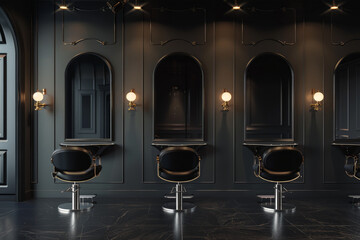 A salon with three black chairs and two mirrors