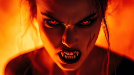 Adult vampire baring fangs, intense orange background, aggressive expression, dramatic lighting