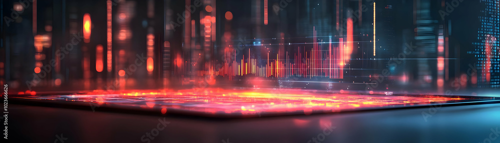 Poster holographic tablet with glowing data streams and ai graphs on modern desk - innovative technology co