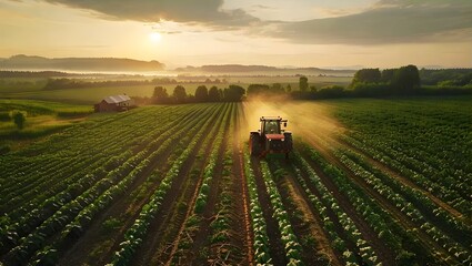 Obraz premium Sprawling Agricultural Farm Featuring Fields of Crops, Tractors, and Machinery Dedicated to Food Production for a Growing Population, Showcasing Sustainable Farming Practices