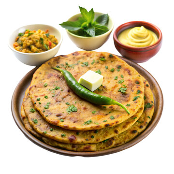 Indian food aloo paratha golden brown garnished with parsley lime slices isolated on white bg