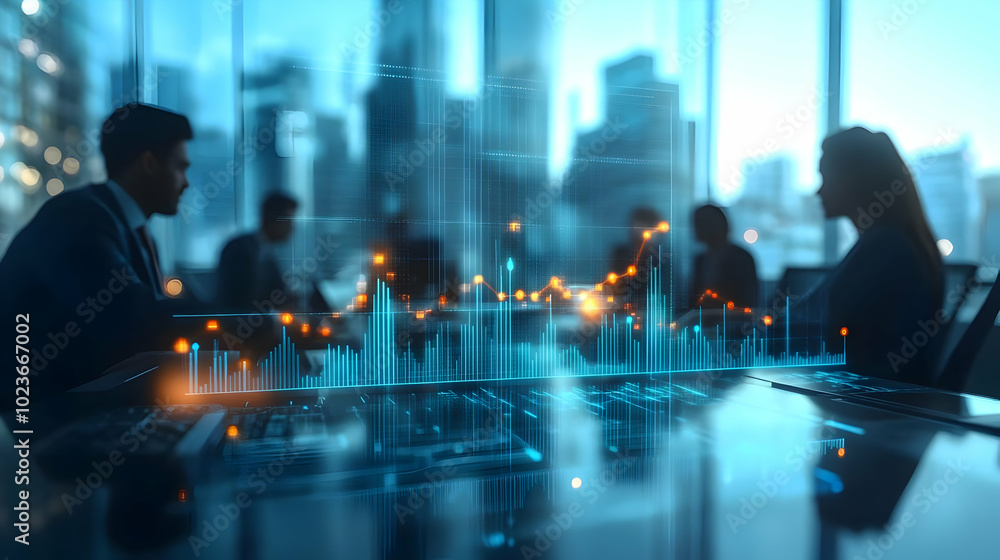 Poster 3d blurred businesspeople in office with glowing graph overlay concept - abstract visualization of b