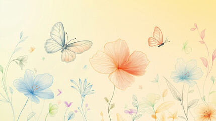 Colorful butterflies and delicate flowers on soft pastel background