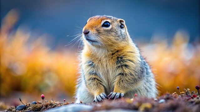 Ground squirrel stretching and looking around arctic tundra