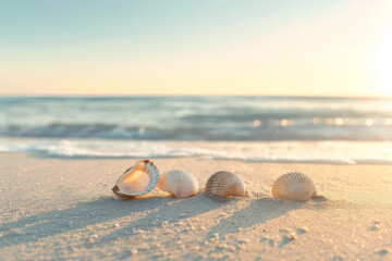 Obraz premium A beach scene with four shells on the sand