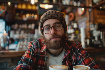A man with a beard and glasses is sitting at a table with two cups of coffee