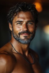 Fototapeta premium Fit middleaged man smiling confidently in a bright gym, soft lighting highlighting his muscular build