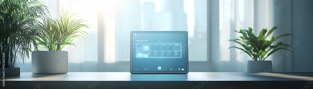 Poster tablet with floating holographic calendar and notifications in minimalist modern office - dynamic co