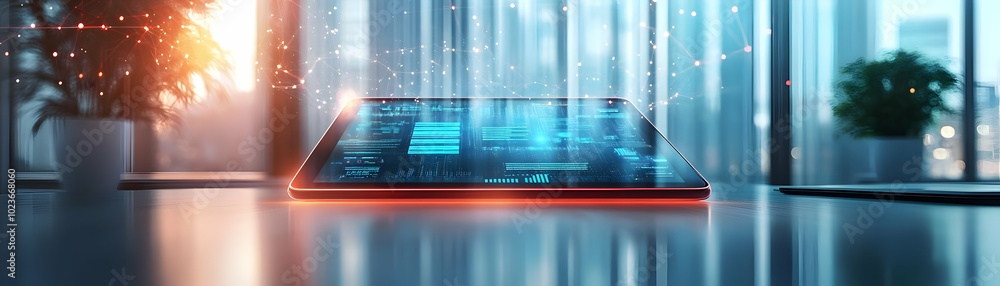 Poster abstract holographic tablet floating in minimalist workspace - sleek glassy design with glowing ui a