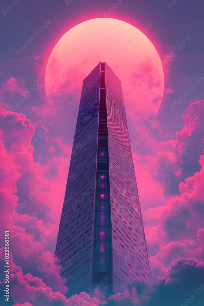 Poster elegant and minimal depiction of a synthwave-inspired skyscraper.