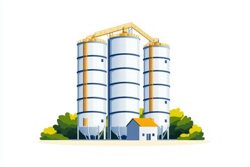 A chemical plant with storage silos, industrial production facility, flat design, isolated on white background