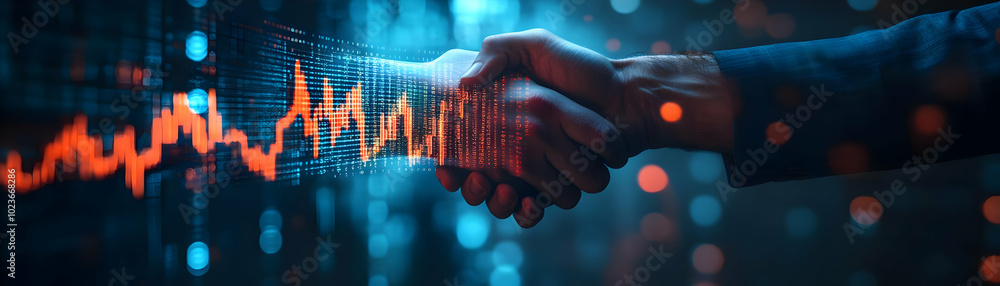 Poster blurred handshake forming a rising stock chart - abstract business growth concept with zoom out effe