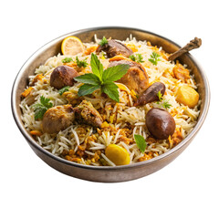 A bowl of biryani with chicken pieces