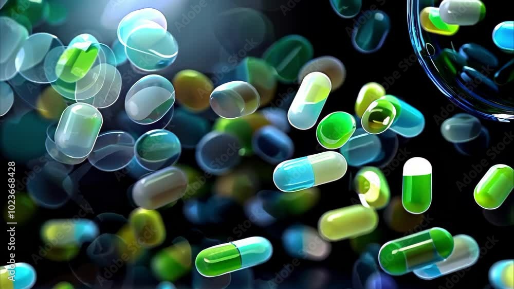 Aufkleber colorful capsules are scattered against a blurred background, creating a dynamic and vibrant visual 