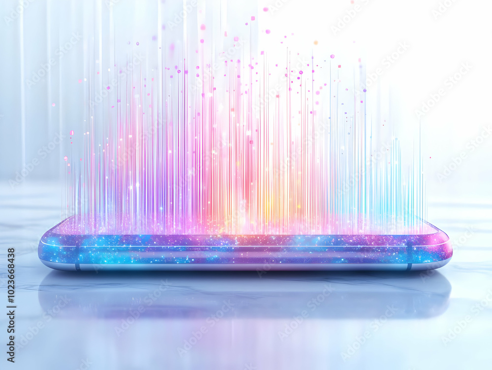 Poster flat smartphone emitting holographic data streams: glossy mobile device on marble surface with trend