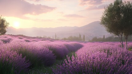 Lavender Field at Sunset with Mountain Range in the Background