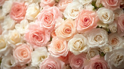 Obraz premium Pink and white roses in full bloom, creating a soft, romantic floral arrangement