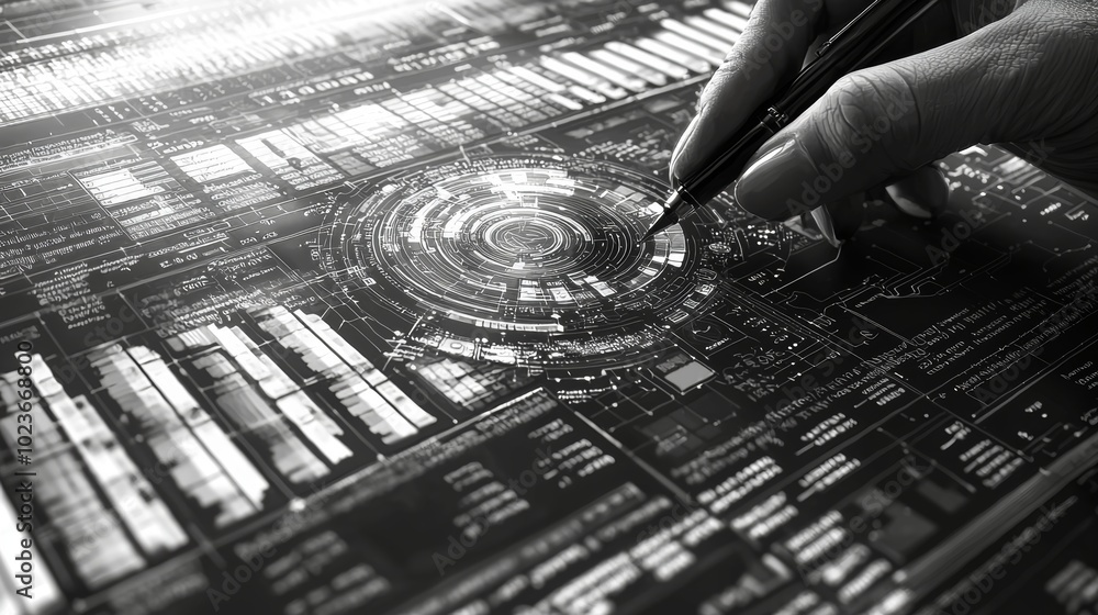 Poster A detailed depiction of a hand using a high-tech, monochrome digital interface, concentrated with complex schematics and futuristic design elements in grayscale.