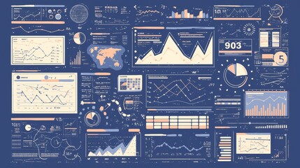 An array of statistical graphs and charts fill the image, showcasing diverse data sets represented in a textured, abstract style with hints of color dynamics.