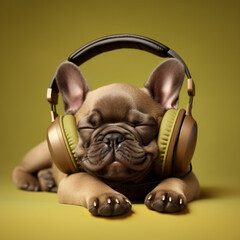 sleeping calm and relaxed french bulldog listening to music through headphones, anti-stress methods for animals, relaxing music for animals, relaxation techniques for dogs