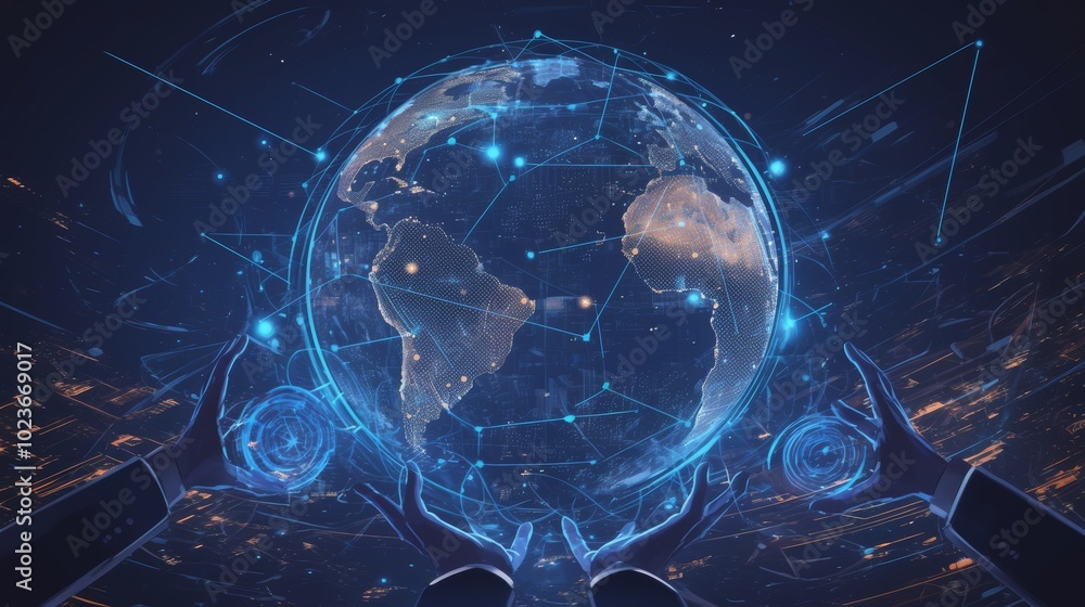 Poster a digital globe surrounded by blue interconnected networks and hands in a dark setting, symbolizing 