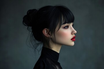 Fototapeta premium 黒の服を着た女性が横顔を向けている様子で、幻想的な空間に佇む姿