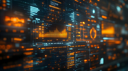 3D Close Up of Futuristic Financial Data Streams: Real-Time Data Processing Icon on Transparent Interface for Strategic Business Management in High-Tech Environment