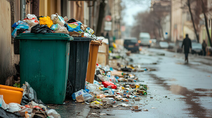 Fototapeta premium Overflowing garbage cans are on the street. Sorting garbage. Ecology and protection of natural conditions. Environmental problems.