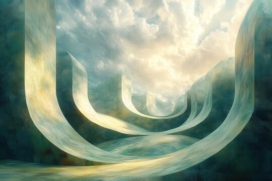 surreal emerald landscape rolling hills morphing into abstract shapes dreamy sky with geometric clouds soft gradient lighting