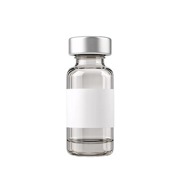 A small empty transparent vaccine ampoule bottle mockup with a white label on an isolated background