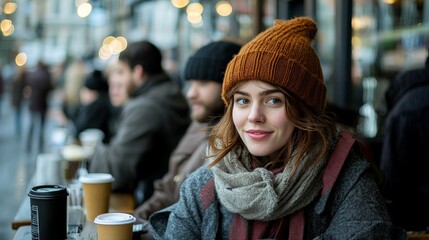 Young woman sitting in a cafe with a warm sweater enjoying a coffee