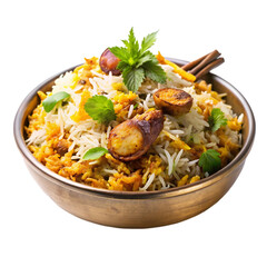 A bowl of biryani with chicken pieces