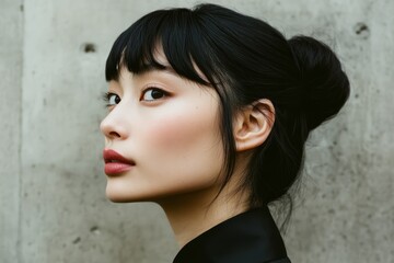 女性の横顔が印象的なポートレート、無表情でコンクリートの壁の前に立っている午後の一瞬